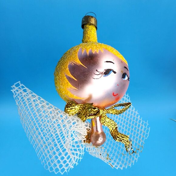 Vintage Pink Glass Angel Ornament Japan 1960s Yellow Glitter Hair Gold Bow v1 - Picture 6 of 10
